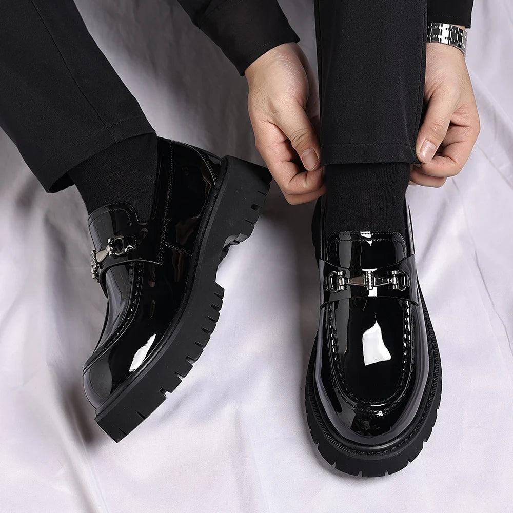 Men's black patent loafer with thick lug sole