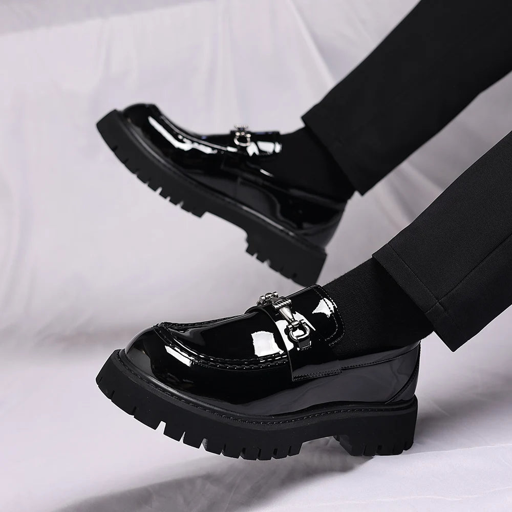 Men's black patent loafer with thick lug sole