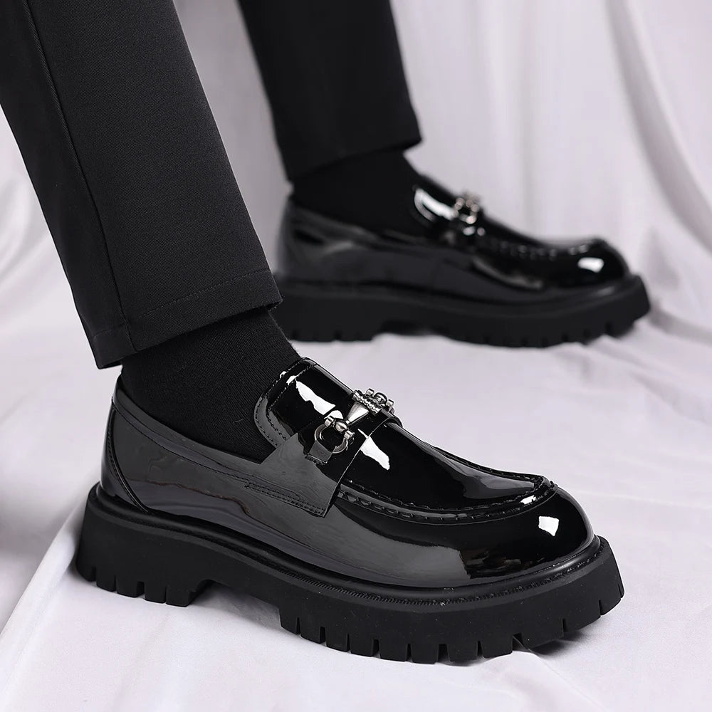 Men's black patent loafer with thick lug sole