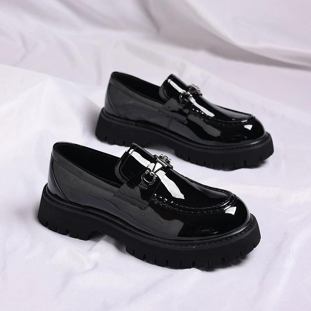 Men's black patent loafer with thick lug sole