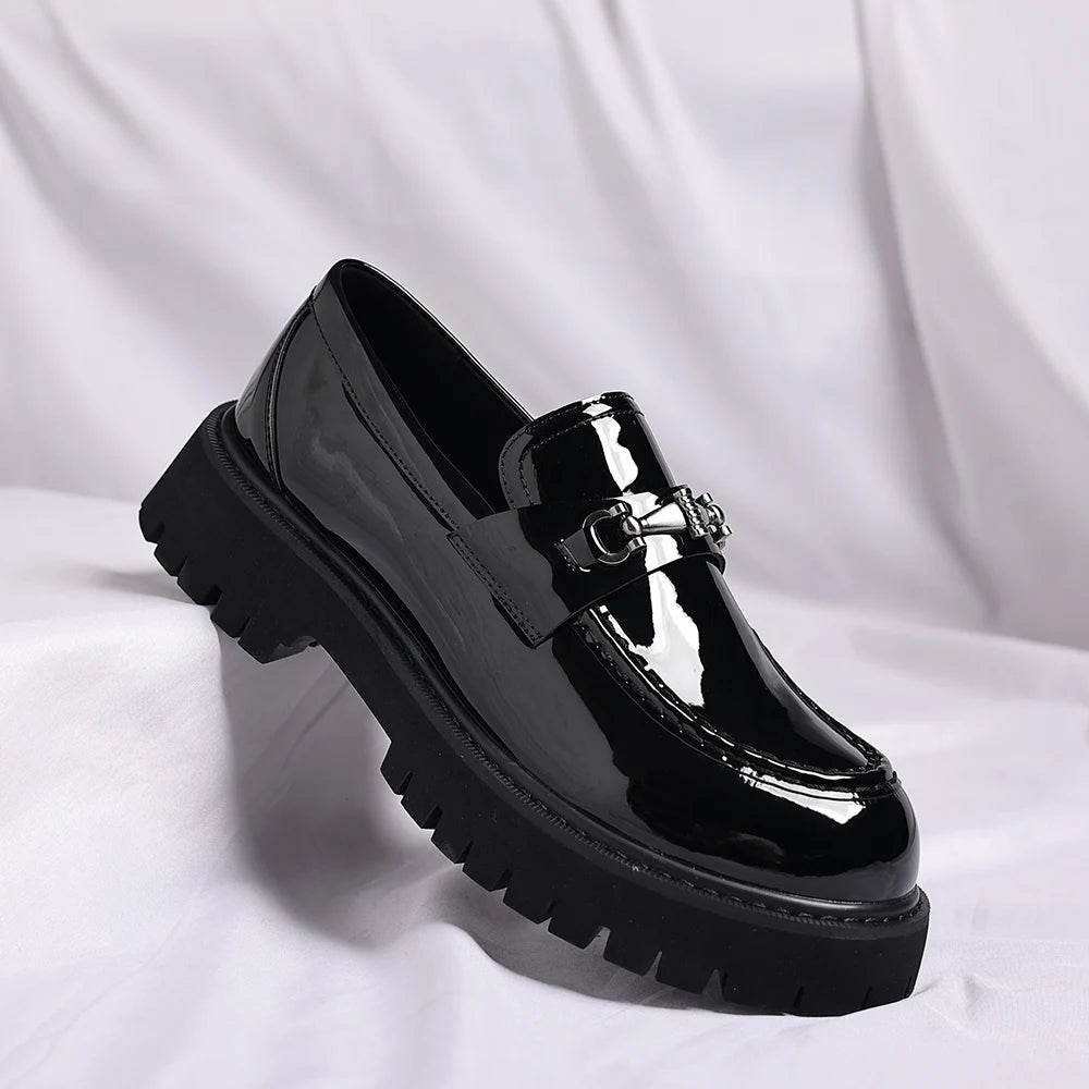 Men's black patent loafer with thick lug sole