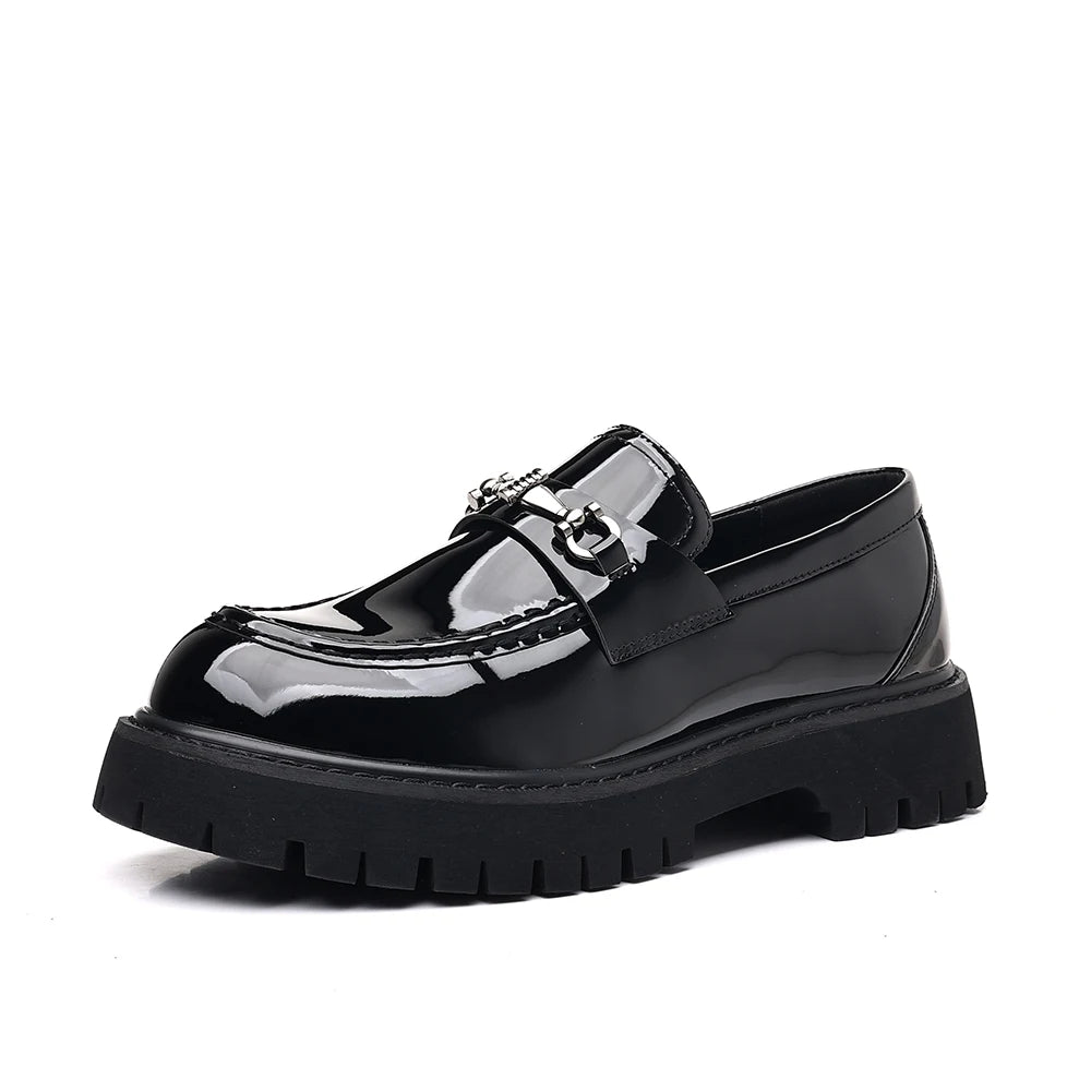 Men's black patent loafer with thick lug sole
