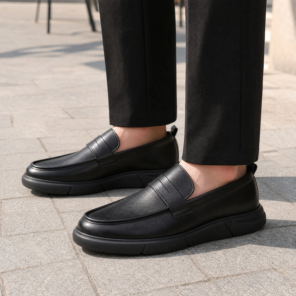 Pair of men's black platform moccasins, top view