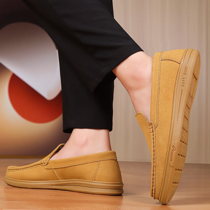 Men's flexible lugged-sole slip-on loafer, camel flat lay