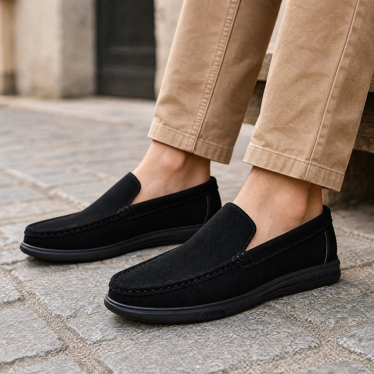 Men's flexible lugged-sole slip-on loafer, black top view Image