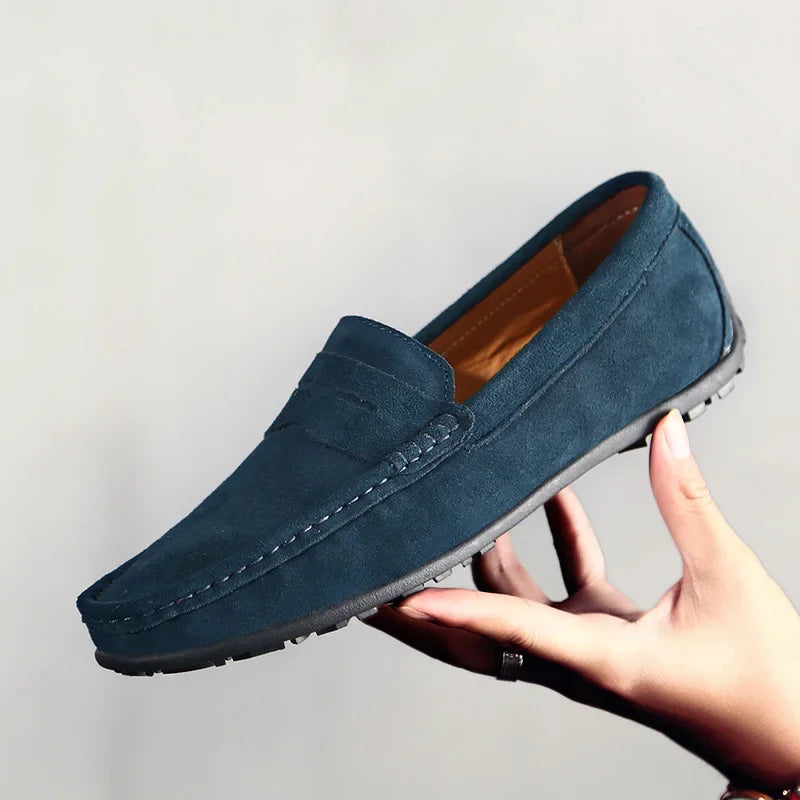 Men's blue suede loafers with grip sole, Teal Blue, back view