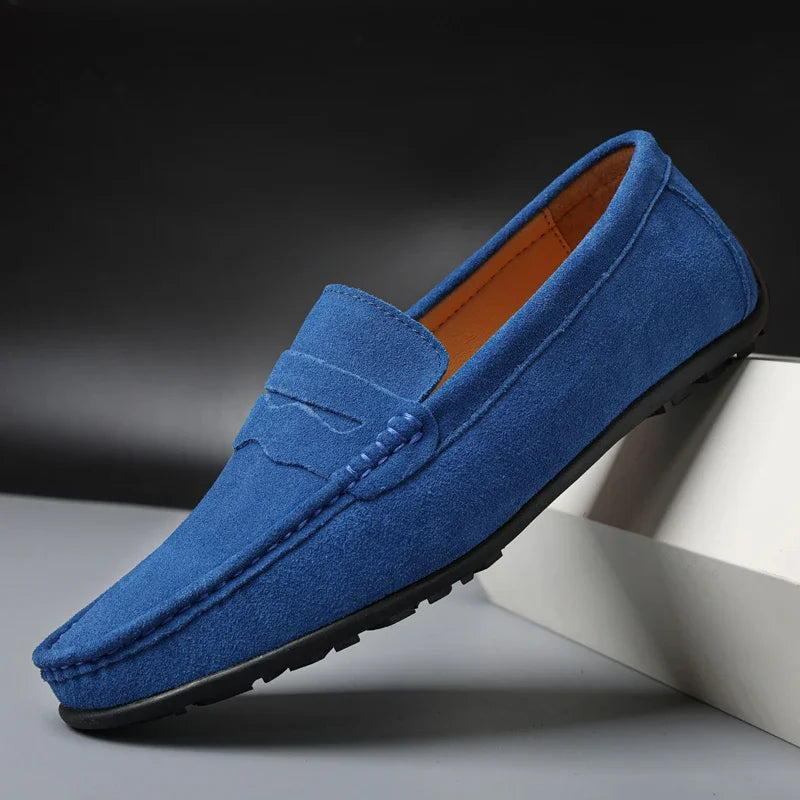 Men's blue suede loafers with grip sole, Royal Blue, side view