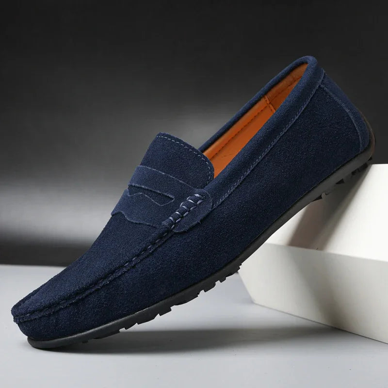 Men's blue suede loafers with grip sole, Azure Blue, pair view