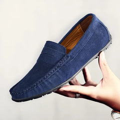Men's Blue Suede Loafers with Grip Sole, Navy Blue