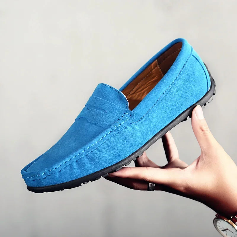 Men's blue suede loafers with grip sole, Azure Blue, detail view