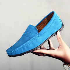 Men's Blue Suede Loafers with Grip Sole, Azure Blue