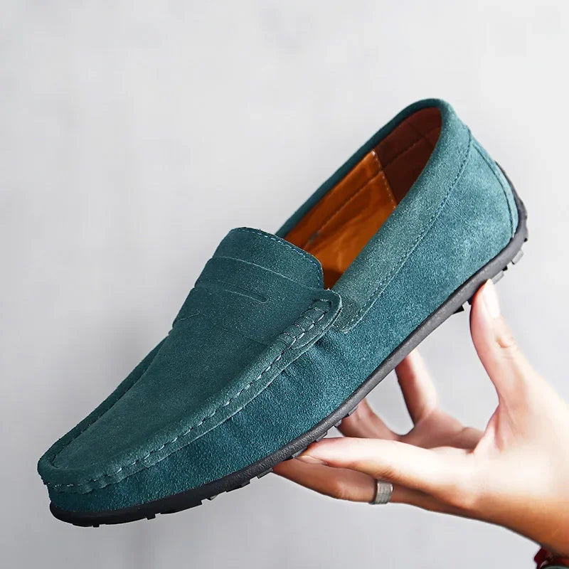 Men's blue suede loafers with grip sole, Green, close-up