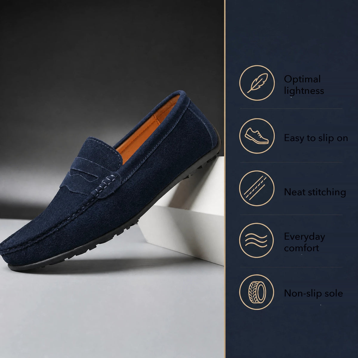 Men's blue suede loafers with grip sole, Teal Blue, heel view Image
