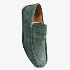 Men's Blue Suede Loafers with Penny Strap, Green