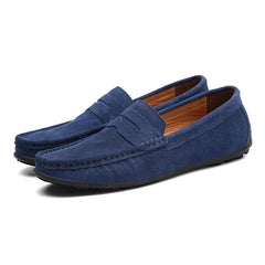 Men's Blue Suede Loafers with Penny Strap, Dark Blue