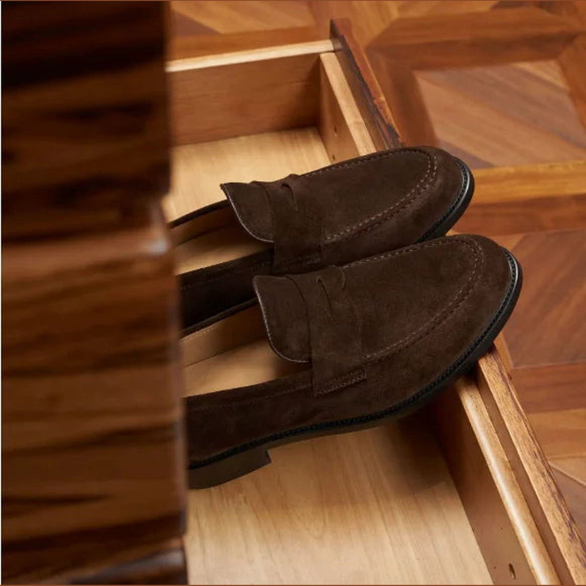 Men's suede-finish penny loafer in Dark brown