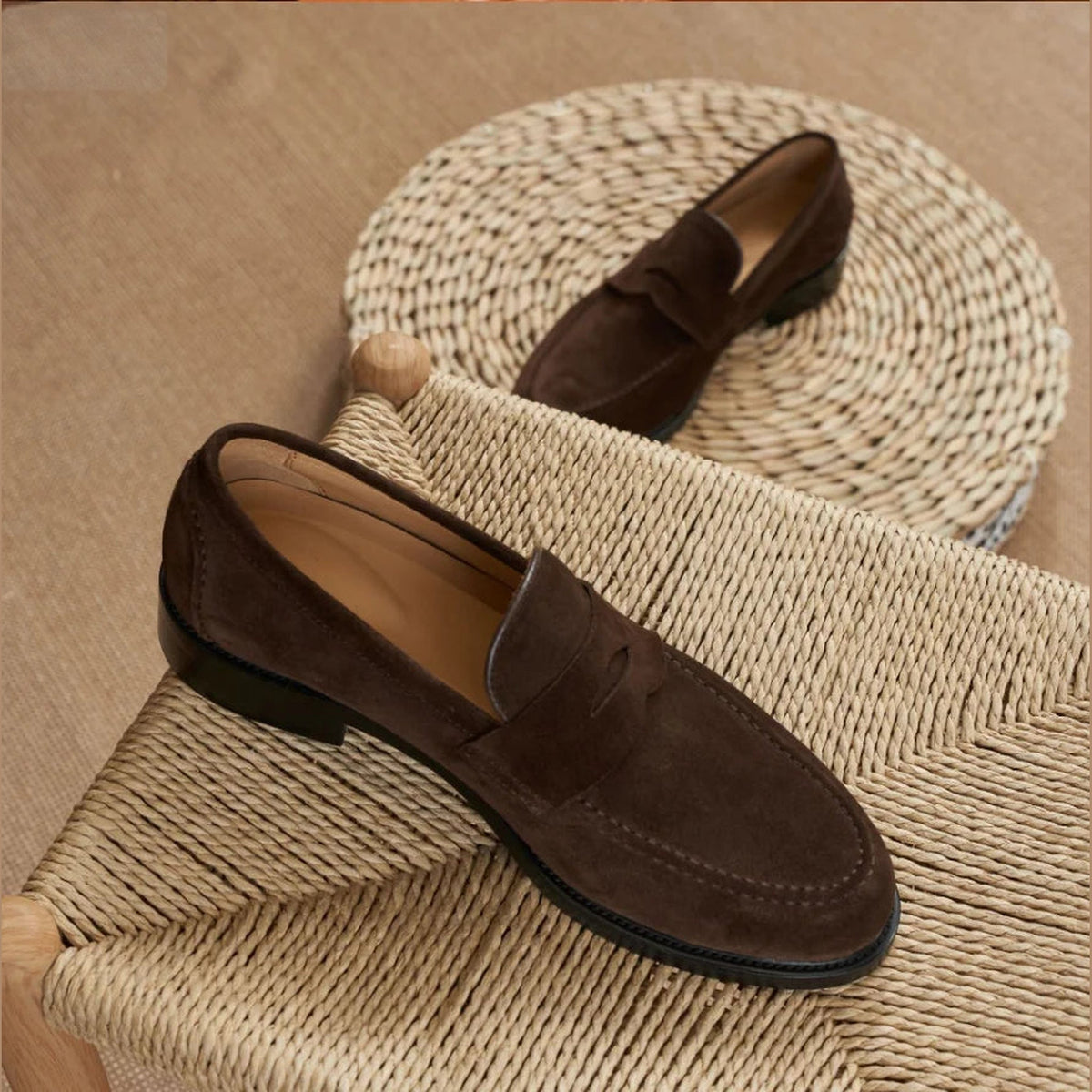 Men's suede-finish penny loafer in Dark brown