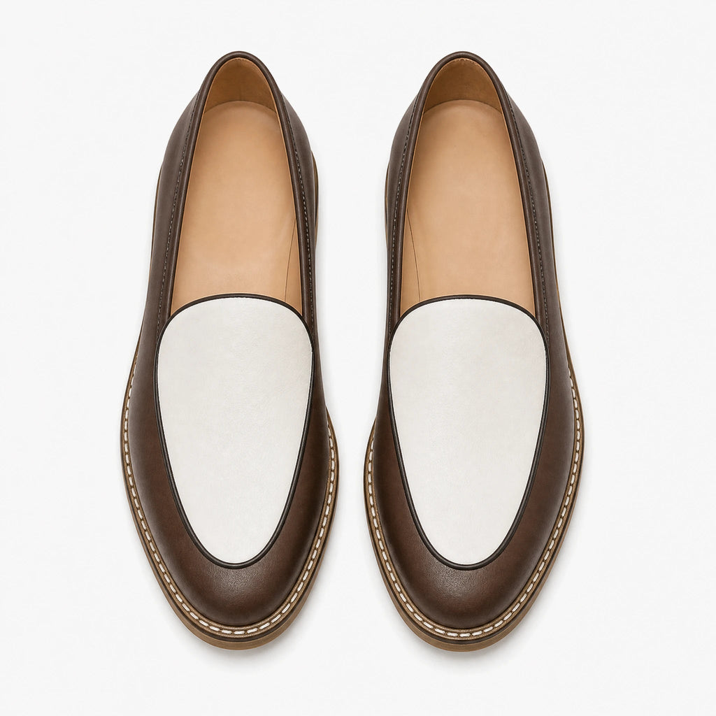 Men's dress loafer with visible stitching, dark brown front view