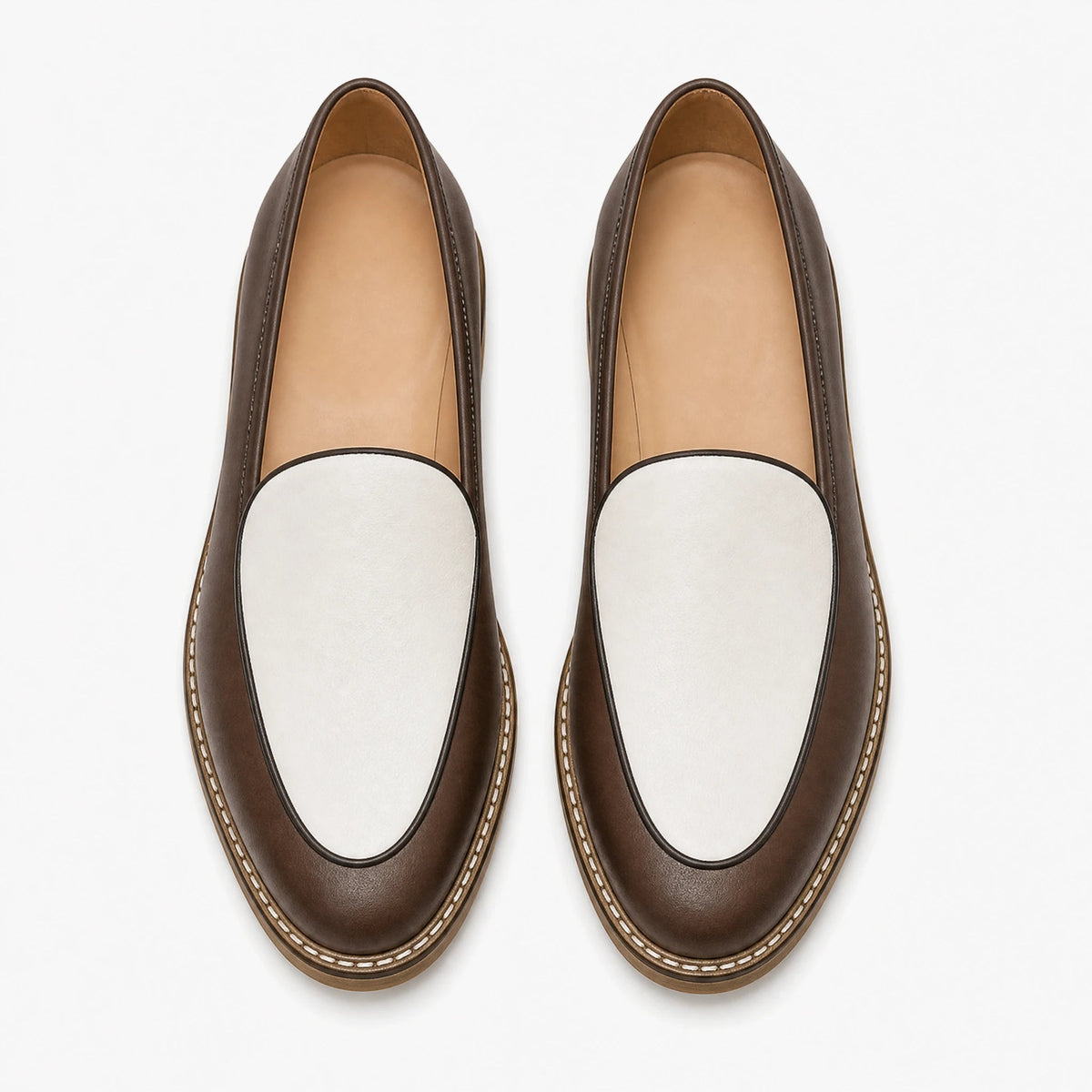 Men's dress loafer with visible stitching, dark brown front view