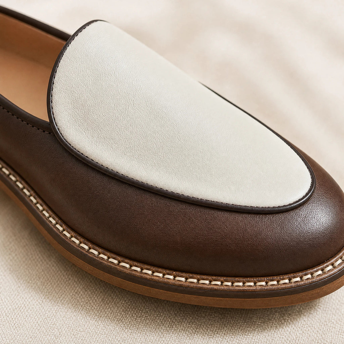 Men's dress loafer with visible stitching, beige side view Image