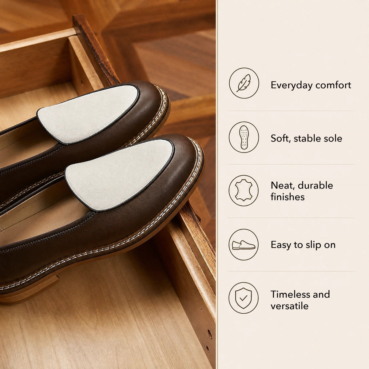 Men's dress loafer with visible stitching, brown back view Image
