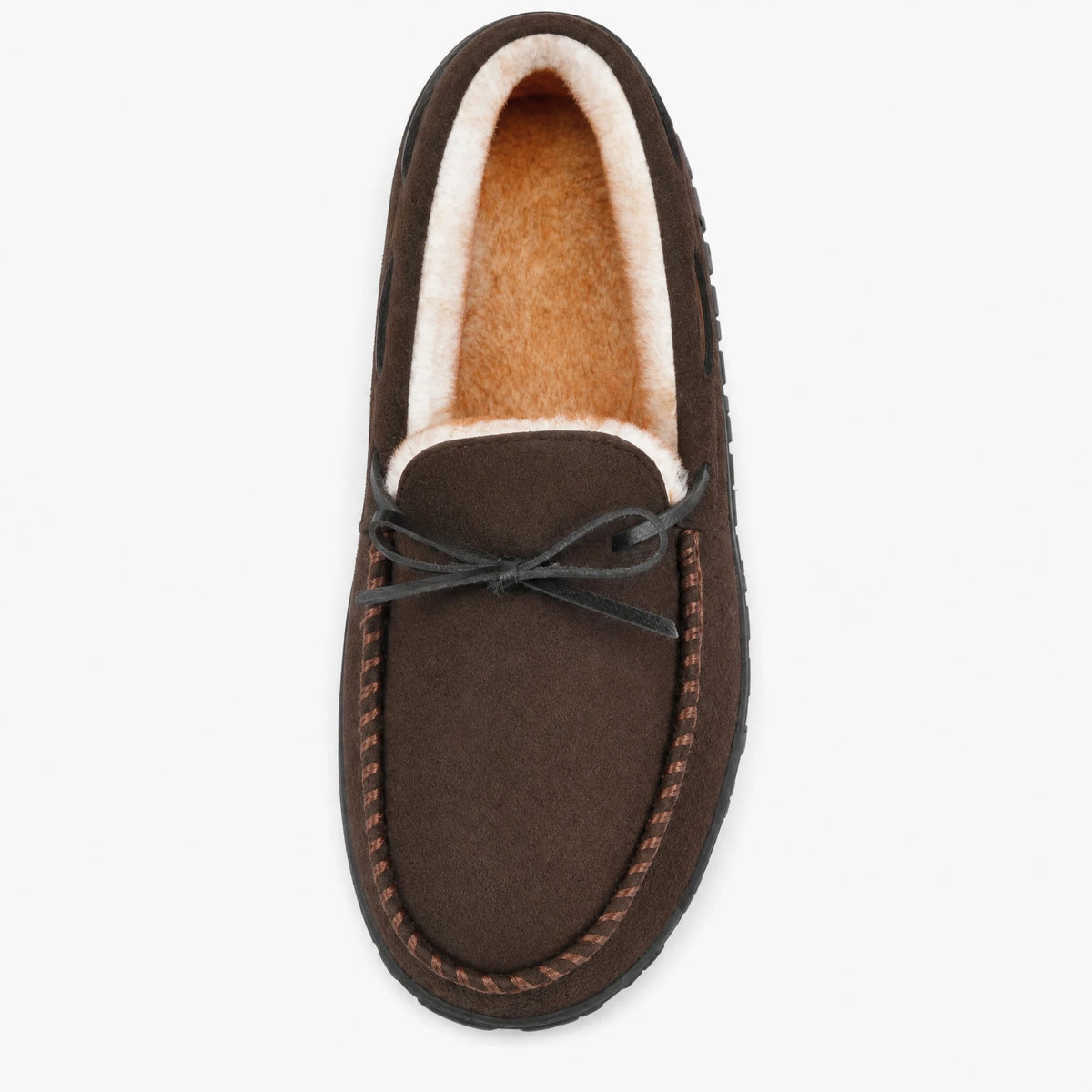 Men's brown fur-lined moccasins, side view