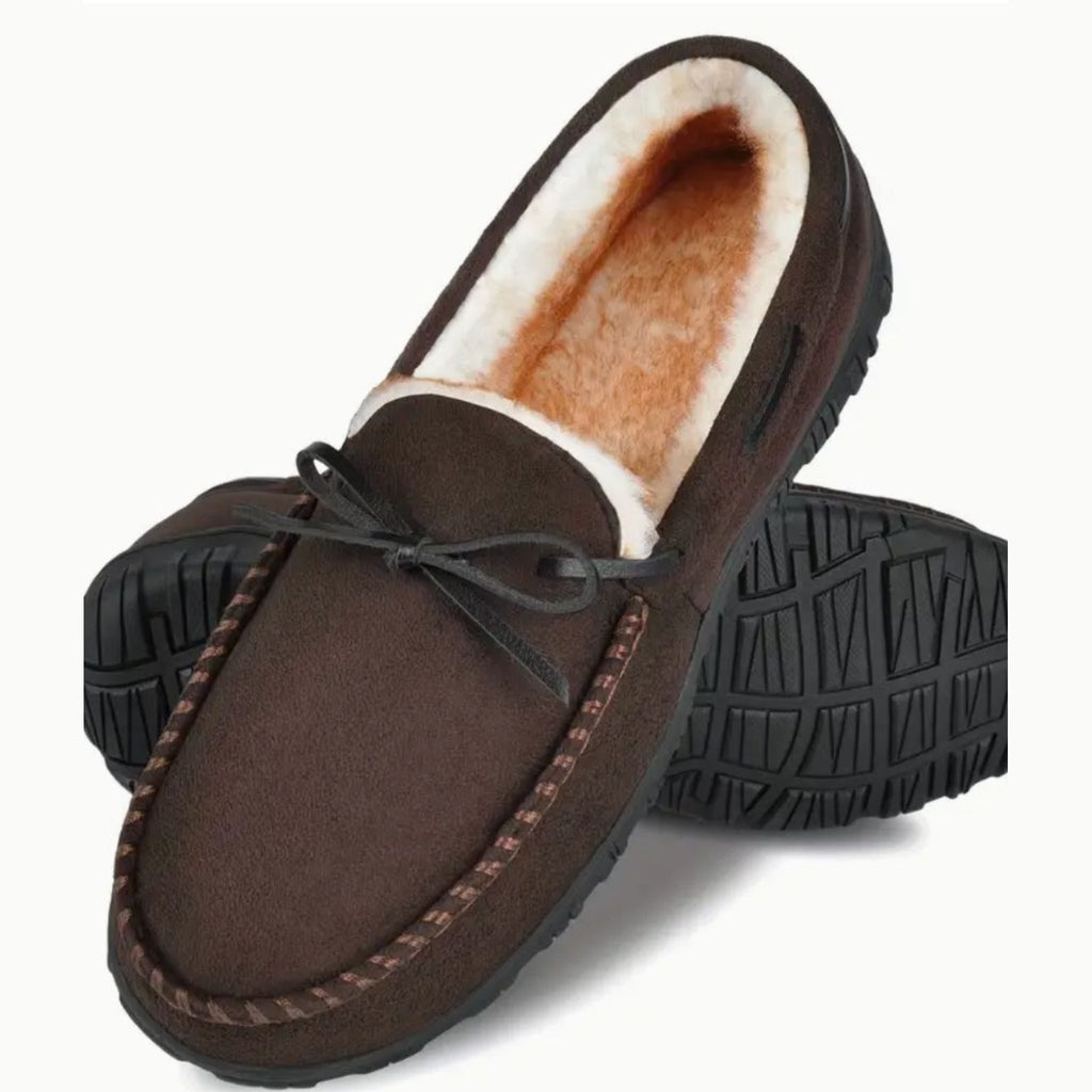 Men's fur-lined moccasins worn indoors