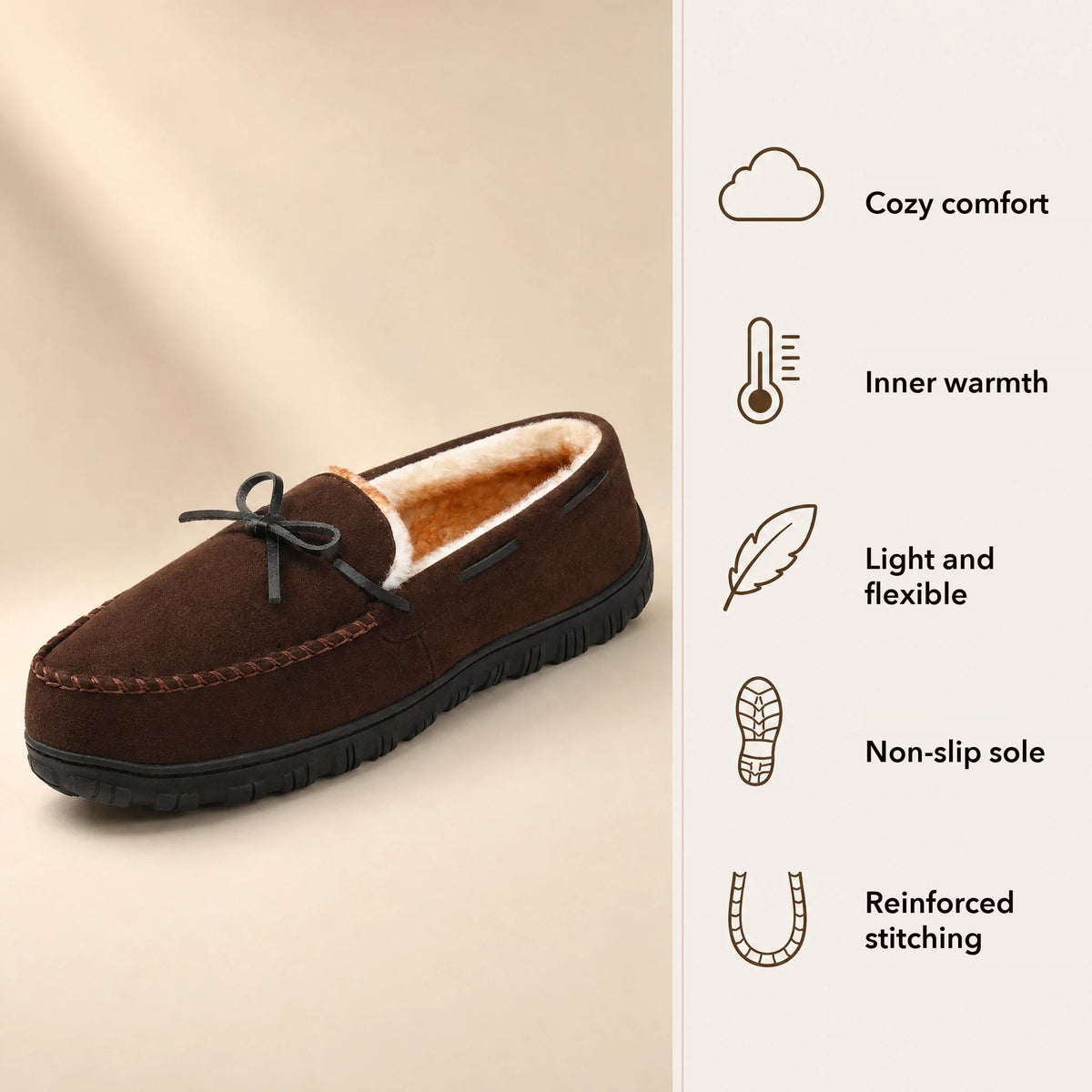 Pair of men's brown fur-lined moccasins, top view Image