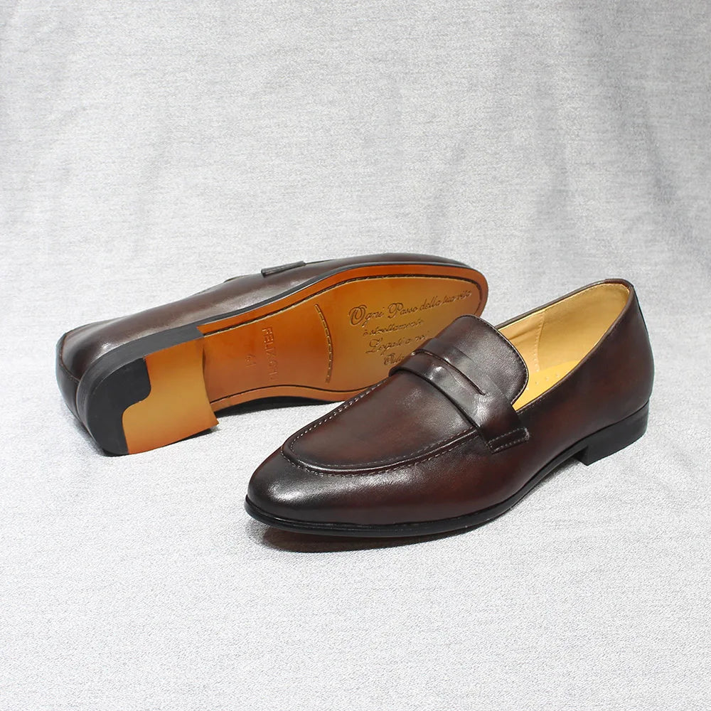 Men's hand-patinated leather penny loafer in Cognac