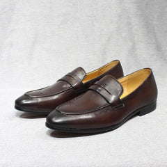 Men's Hand-Patinated Leather Penny Loafers, Dark brown