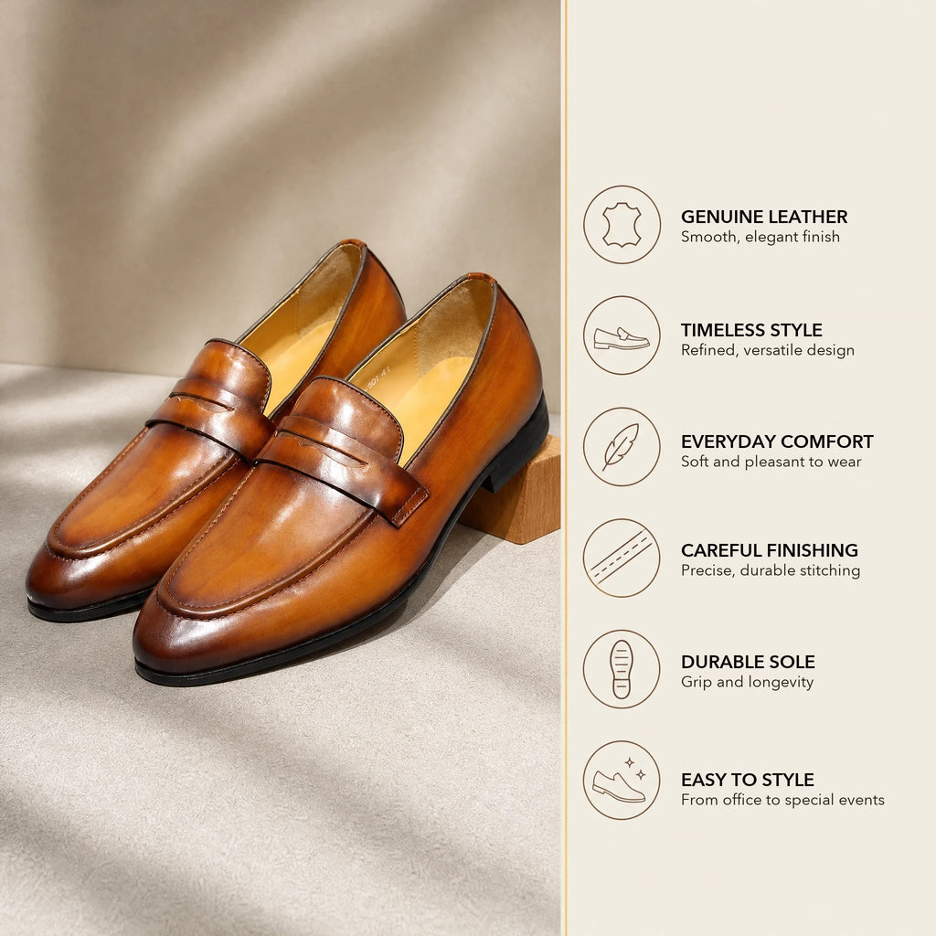 Men's hand-patinated leather penny loafer in Cognac