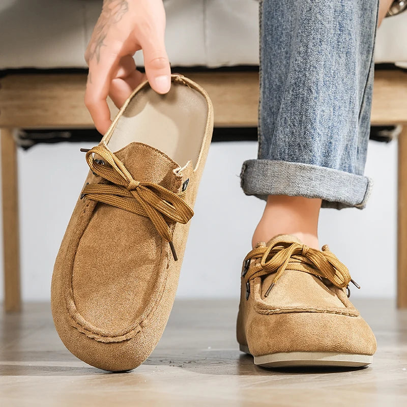 Men's lace-up loafer mule with open heel in camel