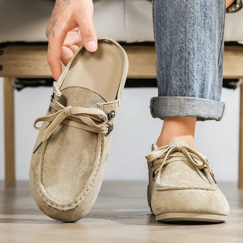 Men's lace-up loafer mule with open heel in beige