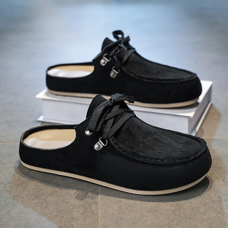 Men's lace-up loafer mule with open heel in black