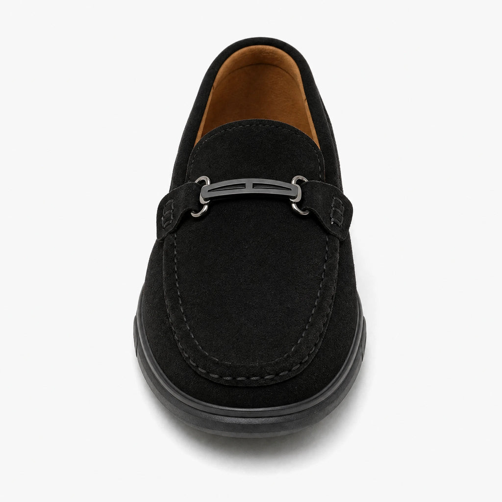 Men's leather loafer with gum sole and metal buckle, black front view