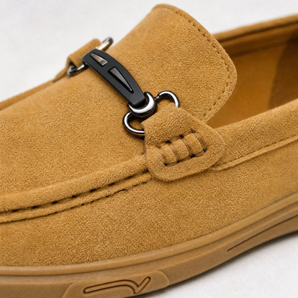 Men's leather loafer with gum sole and metal buckle, camel side view Image