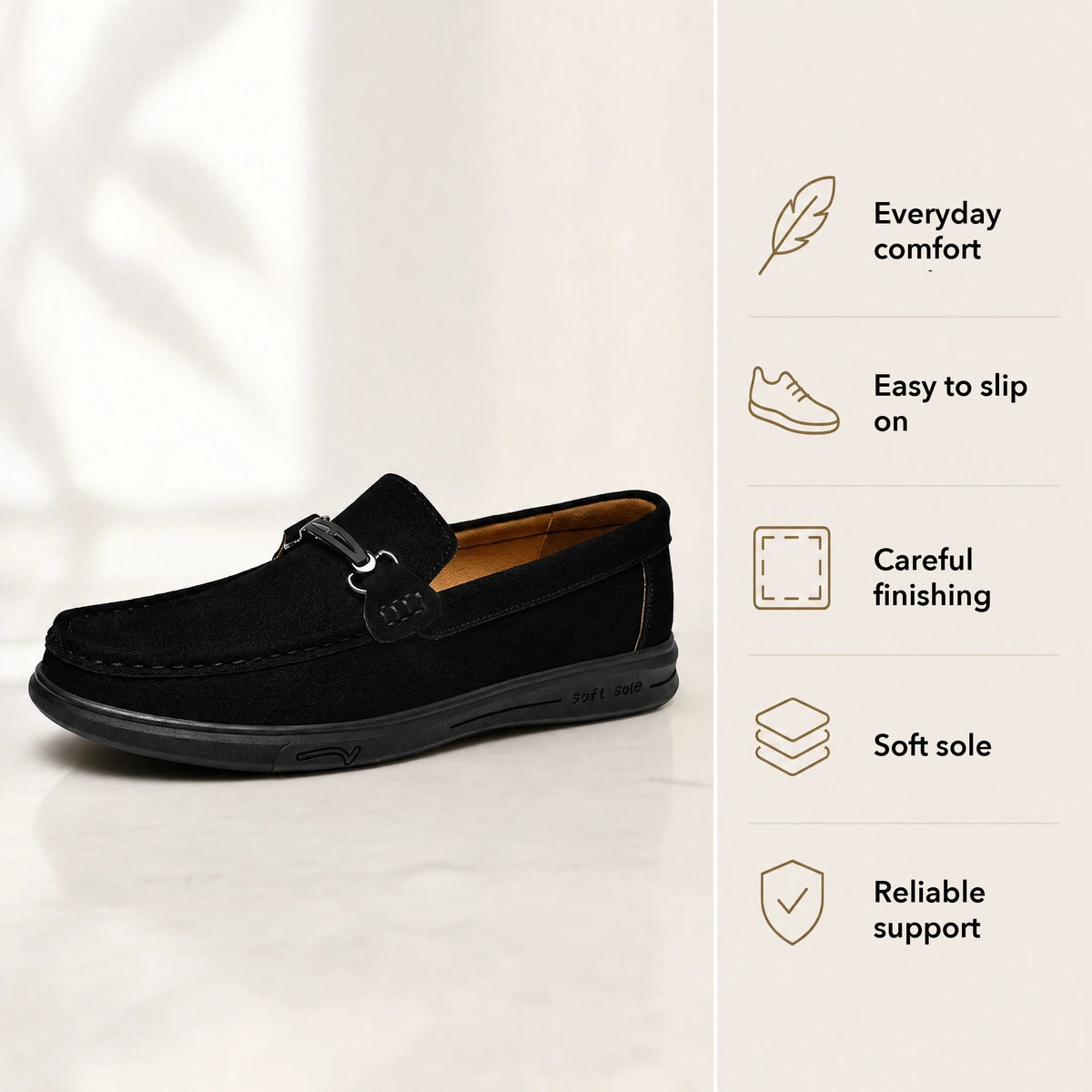 Men's leather loafer with gum sole and metal buckle, camel back view