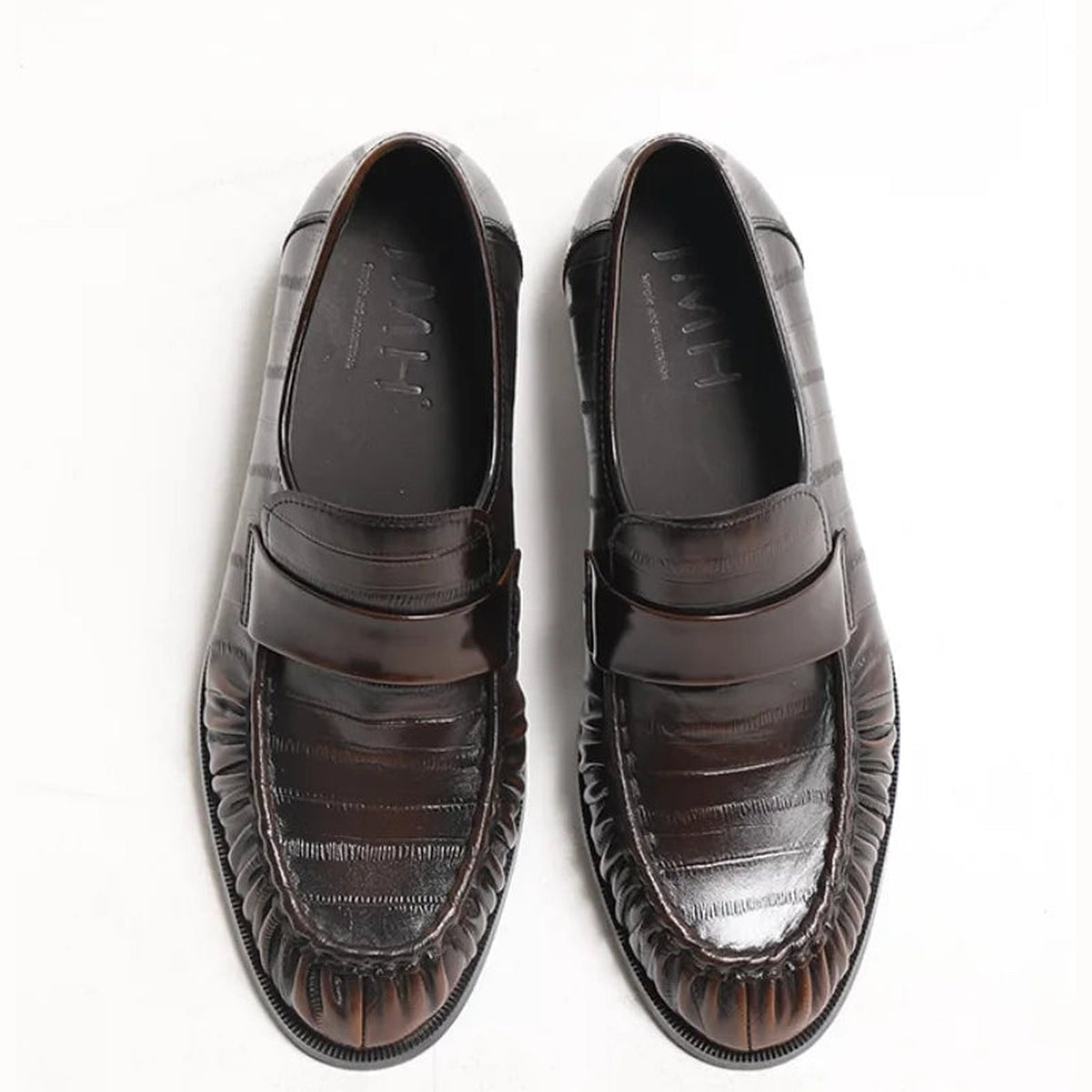 Men's eel-skin effect leather loafers, Dark Brown, back view
