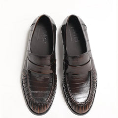 Men's Eel-Skin Effect Leather Loafers, Black and Brown, Dark Brown