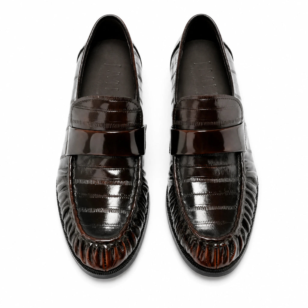 Men's eel-skin effect leather loafers, Dark Brown, side view