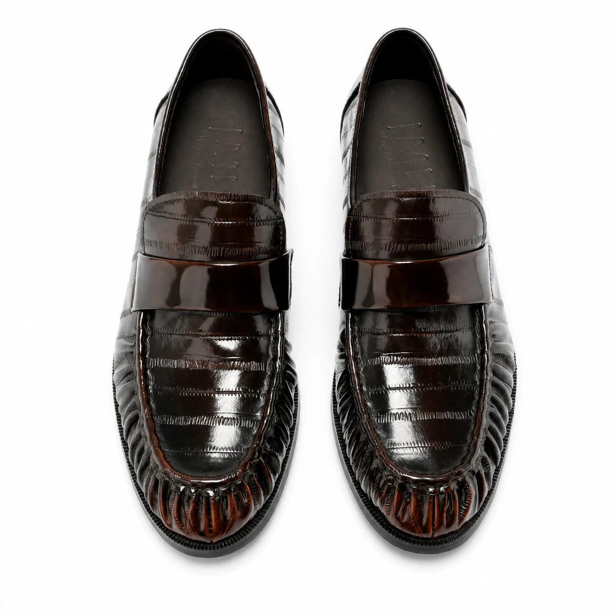 Men's eel-skin effect leather loafers, Dark Brown, side view