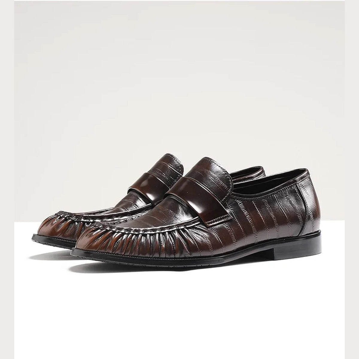 Men's eel-skin effect leather loafers, Black, pair view