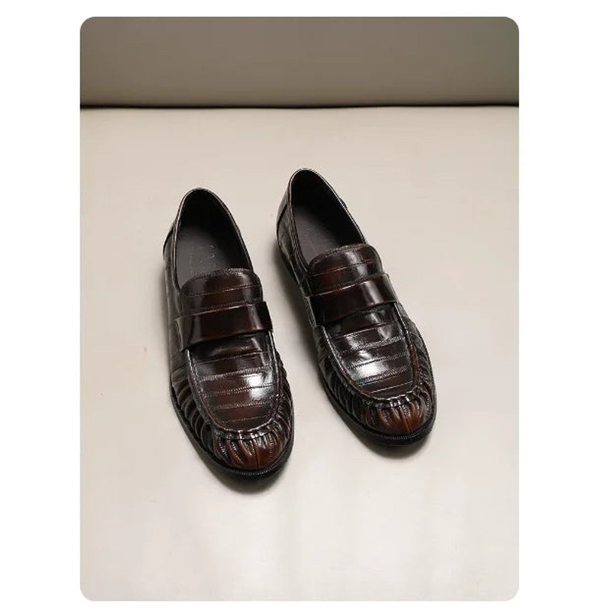 Men's eel-skin effect leather loafers, Dark Brown, sole view