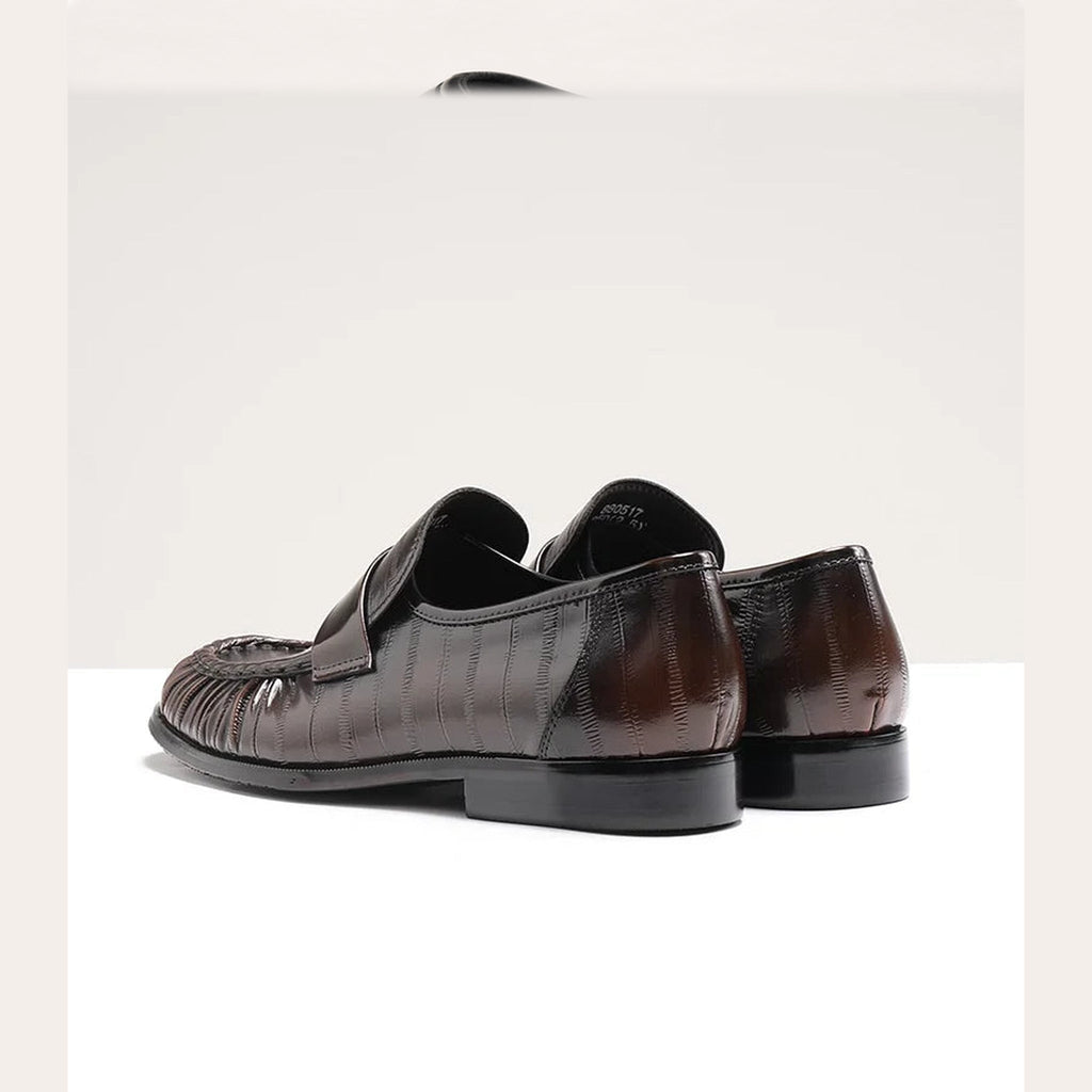 Men's eel-skin effect leather loafers, Dark Brown, detail view
