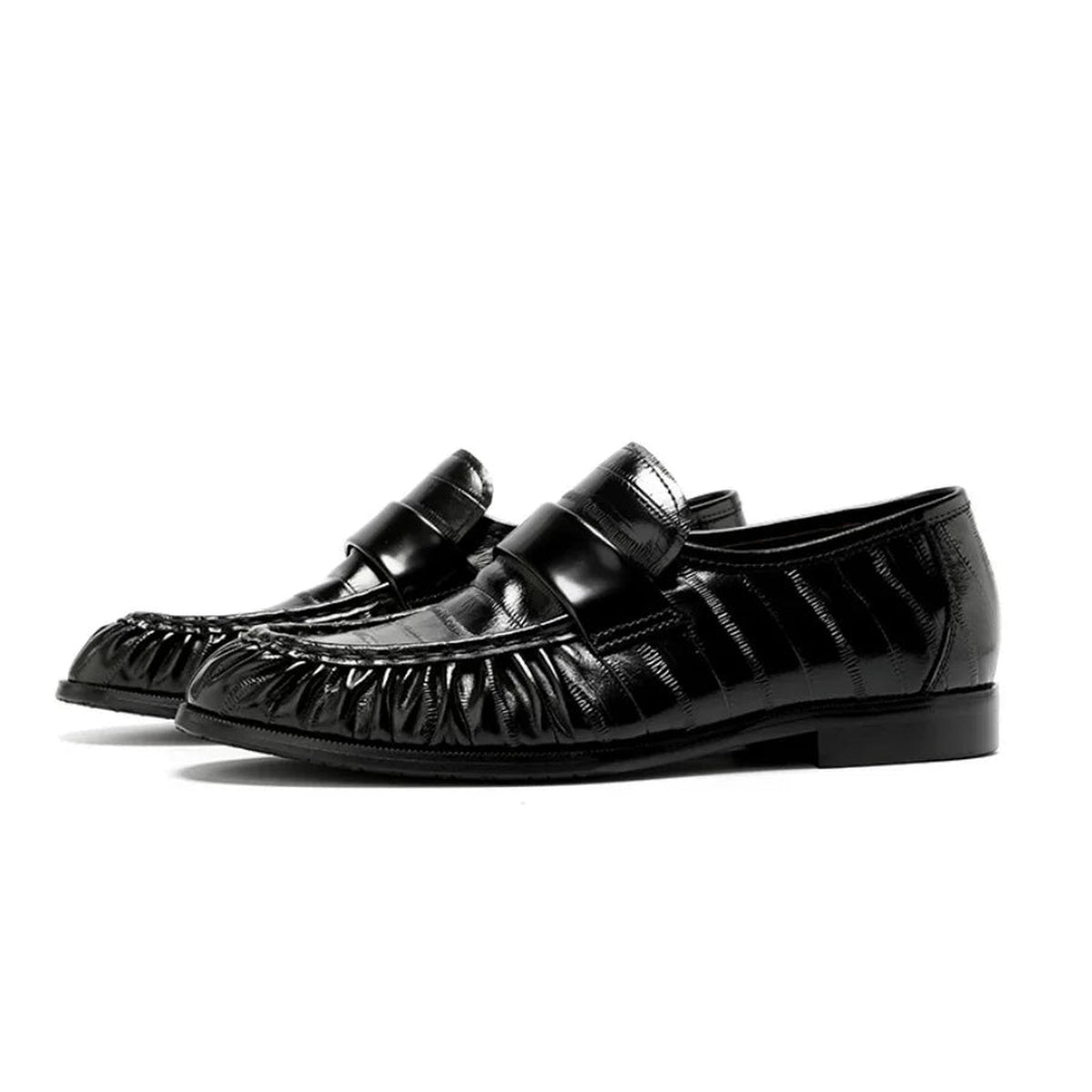 Men's eel-skin effect leather loafers, Black, close-up