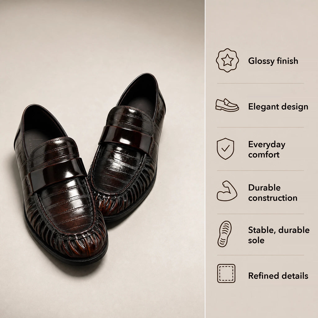Men's eel-skin effect leather loafers, Dark Brown, top view