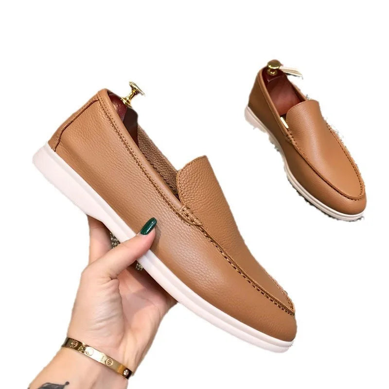 Men's light brown slip-on loafers with thick sole, view 2
