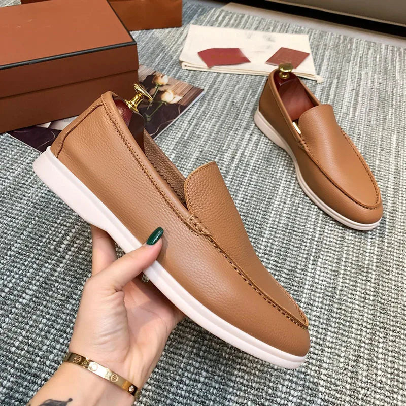 Men's light brown slip-on loafers with thick sole, view 3