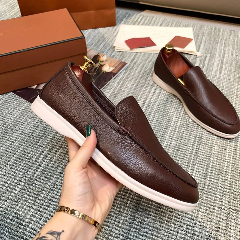 Men's light brown slip-on loafers with thick sole, view 4