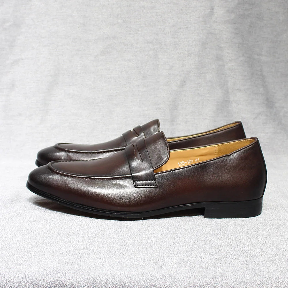 Men's patinated leather penny loafers, Black, front view